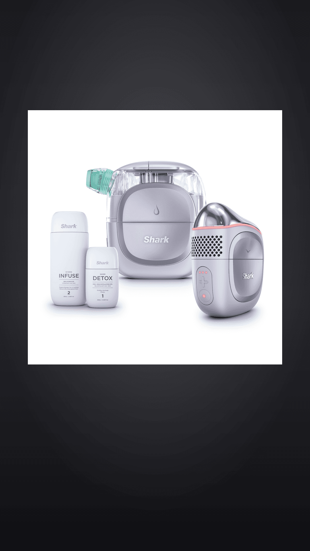 Shark FacialPro Glow + DePuffi 2-in-1 Facial & Contrast Therapy, FH320PL shown against a dark studio background as the opening frame of its review video.