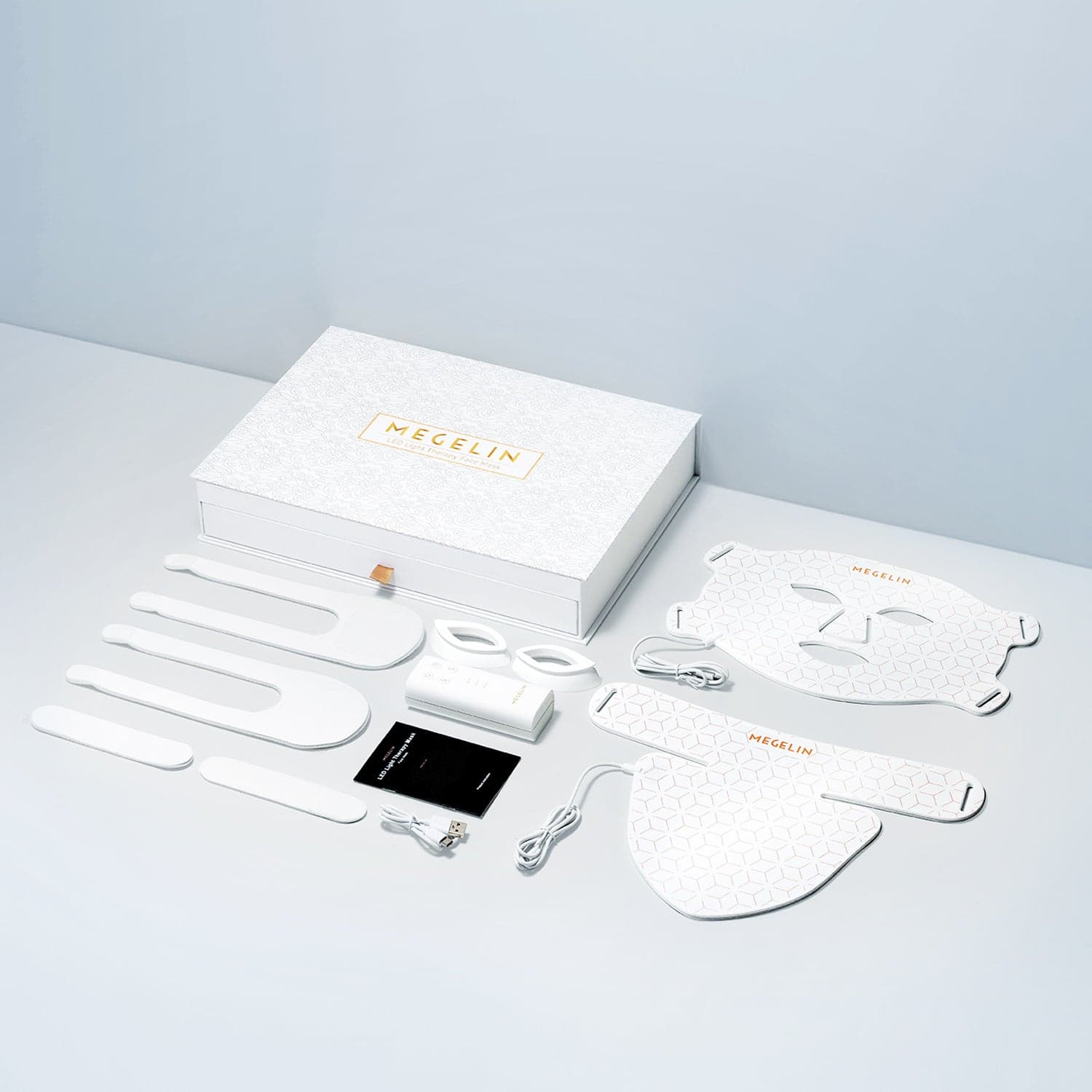 MEGELIN JML1 white face and neck LED mask set with controller, straps and retail box.
