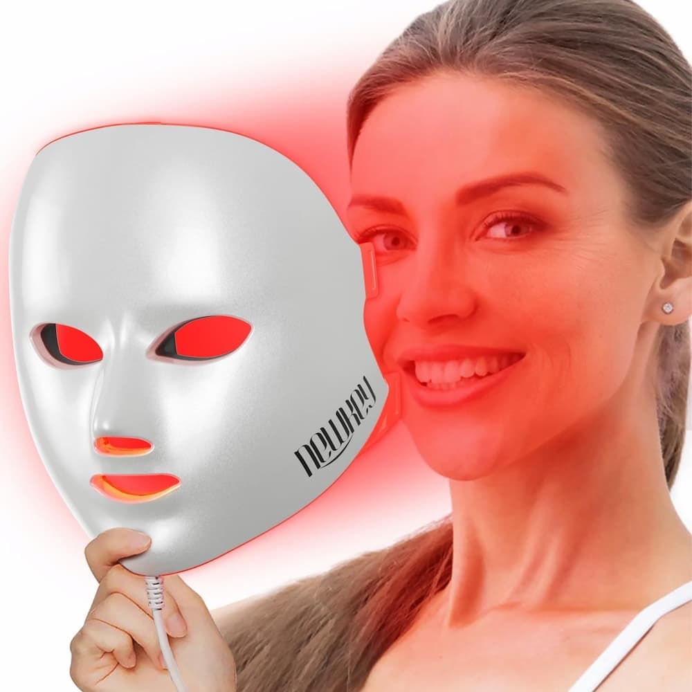 NEWKEY 4D LED mask held beside a model's face in red-light mode, showing the white shell and the eye, nose and mouth cut-outs