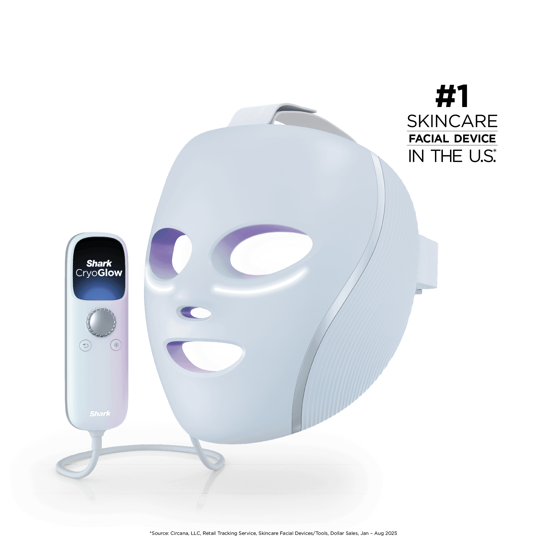 Shark CryoGlow FW312 Blue Frost mask and controller shown from the front three-quarter angle.