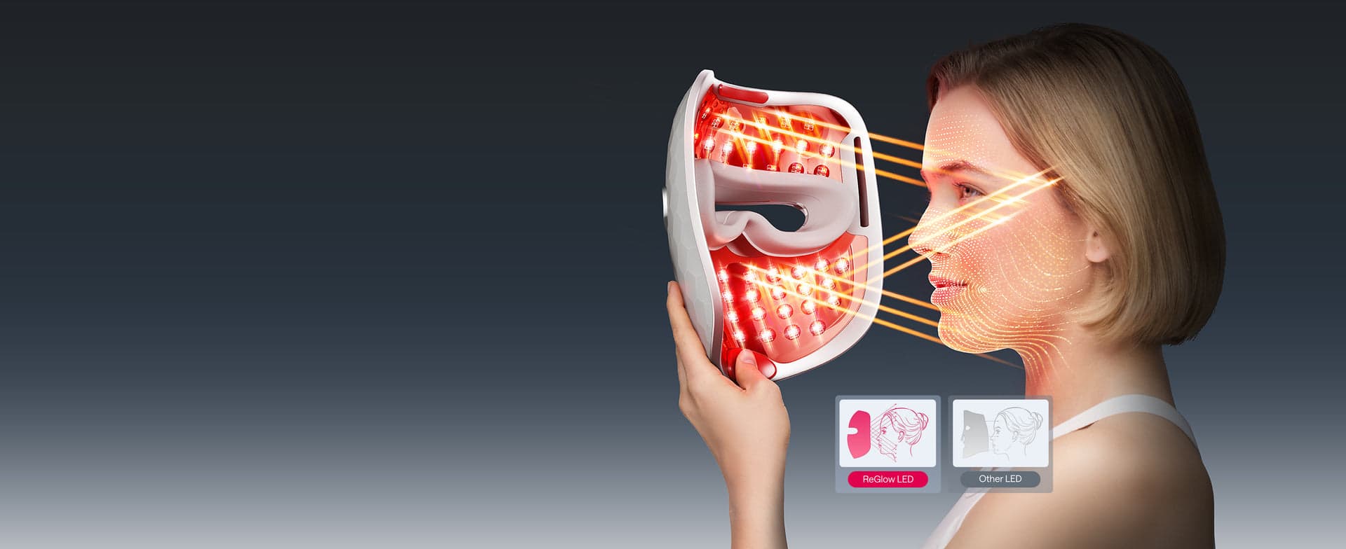 Interior view of the white Ulike ReGlow UM10 held beside a person's face with the LEDs illuminated.