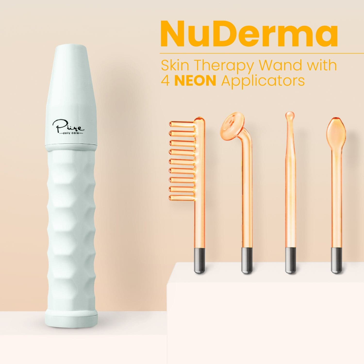 Pure Daily Care NuDerma Standard Neon wand with its four orange-glowing glass applicators.