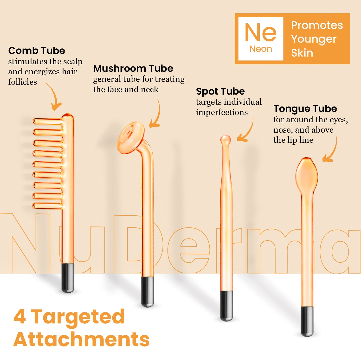 Official NuDerma Standard Neon JX-006A applicator guide showing the four included glass tips.